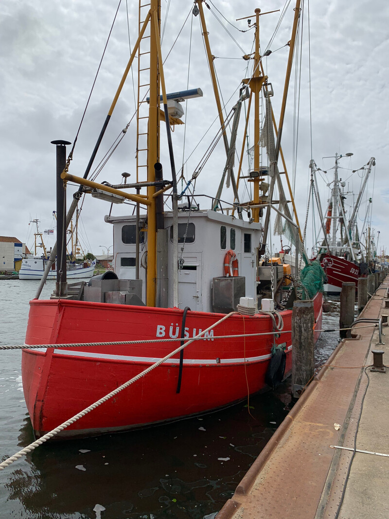Roter Krabbenkutter mit der Aufschrift „BÜSUM