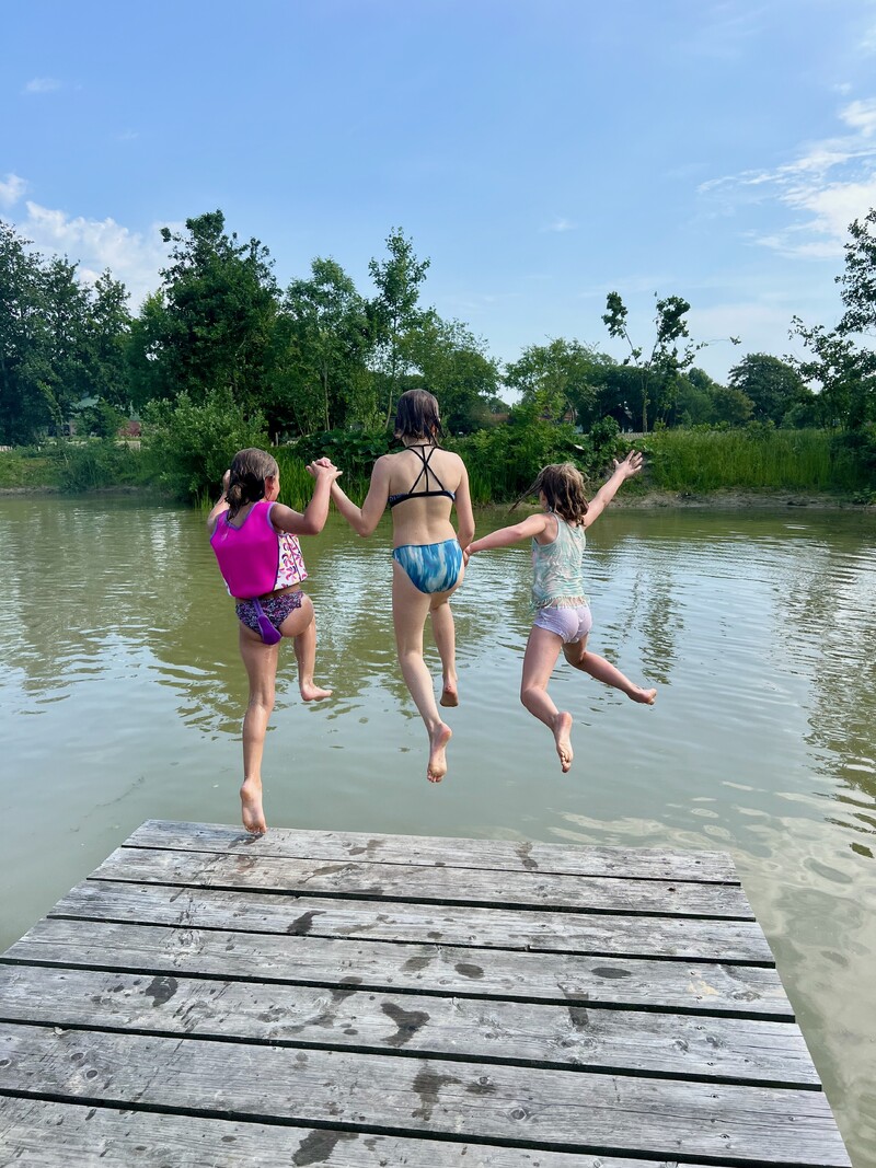 Drei Kinder springen von Holzsteg in See, halten sich an den Händen, Badebekleidung, Wasseroberfläche, Ufer mit Bäumen, blauer Himmel
