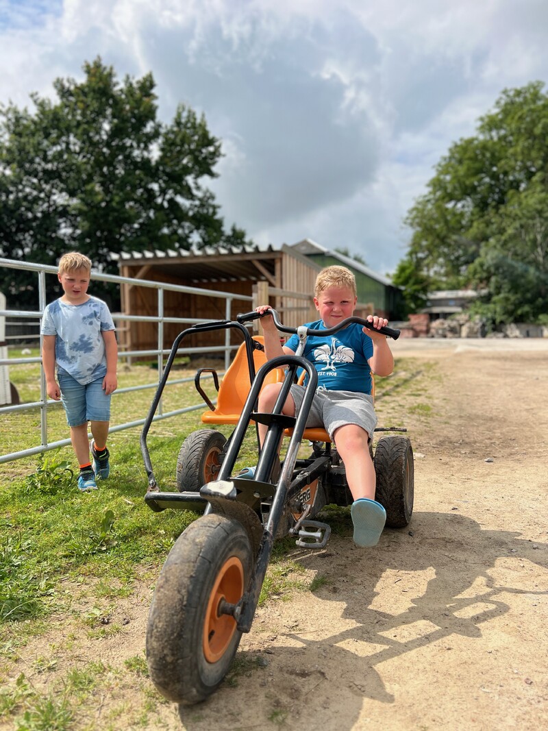 Kind fährt Gokart, Dirtweg, zweites Kind läuft daneben, Hofgelände, Zaun, Stallgebäude, Bäume im Hintergrund, bewölkter Himmel
