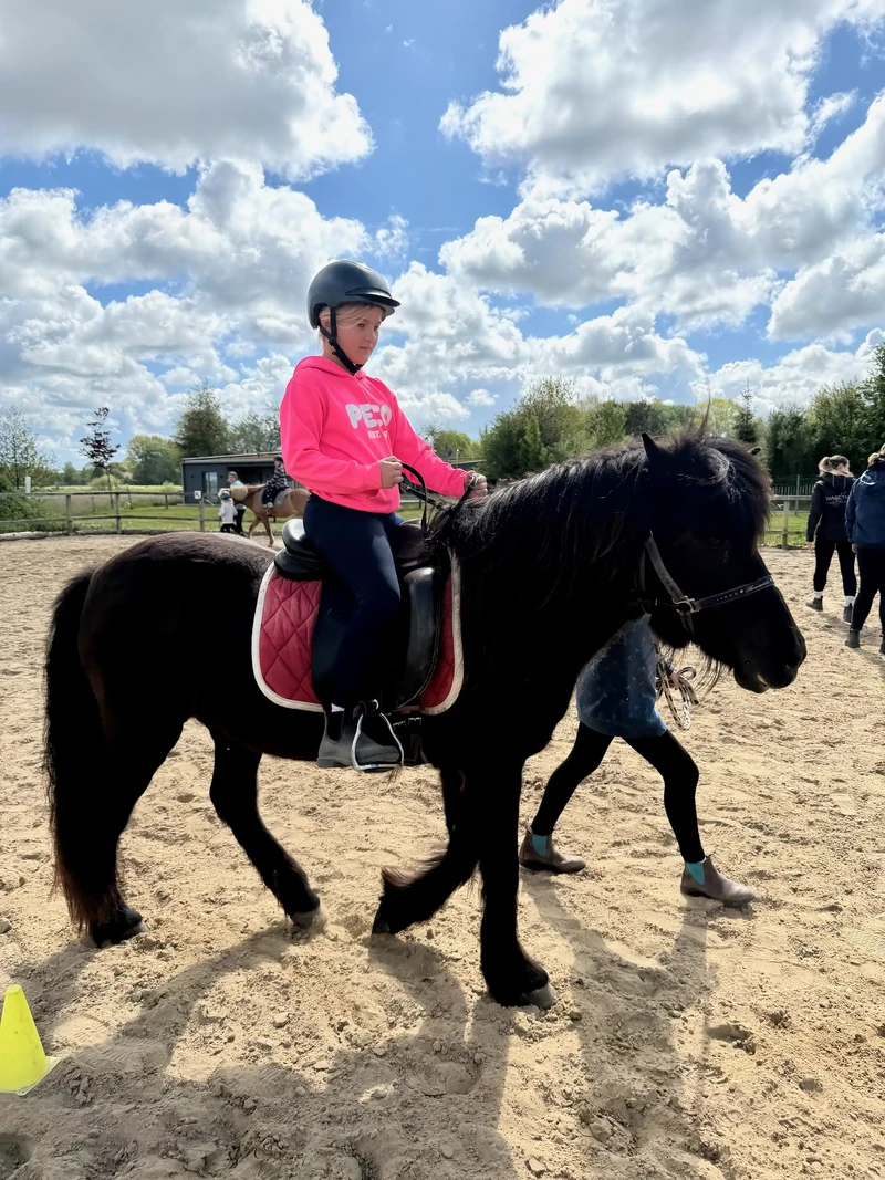 Mädchen mit Reithelm reitet auf einem dunklen Pony, das über den Reitplatz des Warfthofs Wollatz geführt wird