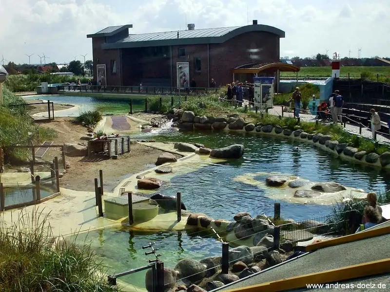 Robbengehege mit Wasserbecken und Felsen in der Seehundstation Friedrichskoog, dahinter das Besucherhaus und Zuschauer am Geländer