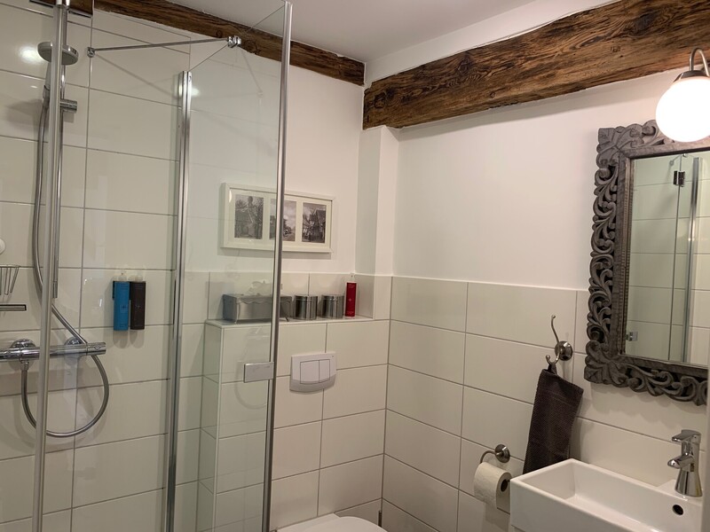 Weiß gefliestes Badezimmer mit Dusche hinter Glaswand, WC, Waschbecken und verziertem Spiegel; sichtbarer rustikaler Holzdeckenbalken