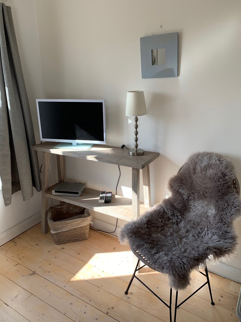 Sitzecke einer Ferienunterkunft mit Fernseher, Holzkonsole und Sessel mit Fell