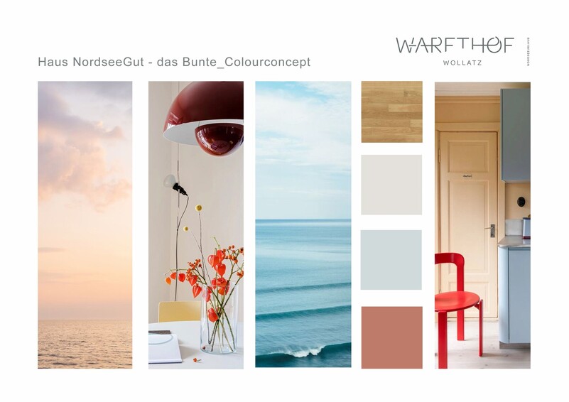 Farbkonzept für Haus NordseeGut mit Bildern von Meer und Himmel sowie Farbmustern in Blau, Beige und Rot