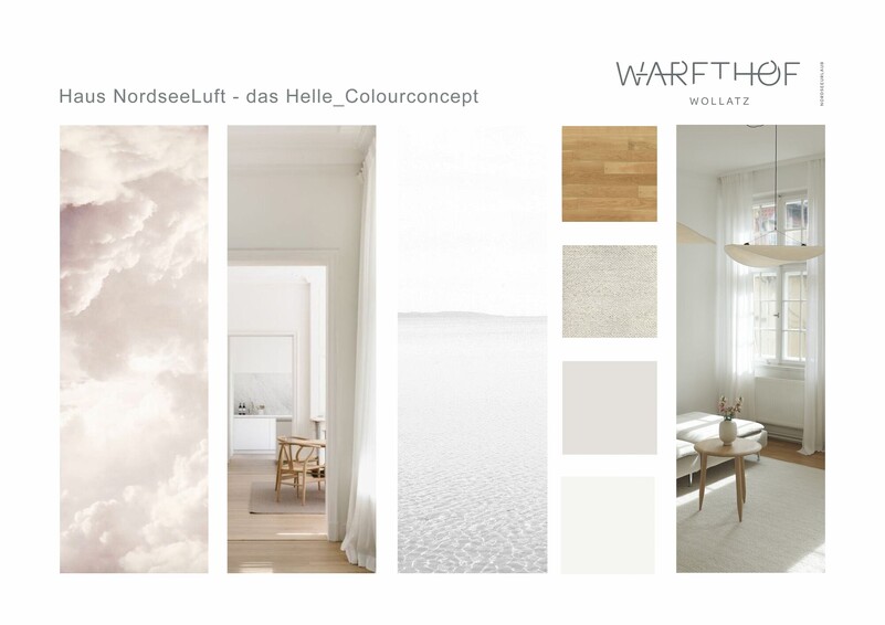 Farbkonzept für Haus NordseeLuft mit Bildern von Himmel und hellen Räumen sowie Farbmustern in Weiß, Beige und Holz