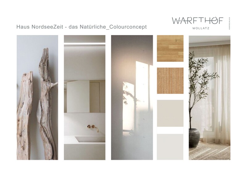 Farb- und Materialkonzept des Designhauses Haus NordseeZeit in natürlichen Tönen mit Eiche, Sisal und Greige