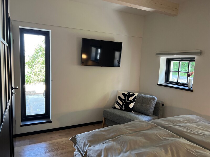 Modernes Schlafzimmer mit Doppelbett, grauem Sofa, Wandfernseher und bodentiefer Tür mit Blick nach draußen; Fenster mit Grünblick und sichtbarer Deckenbalken