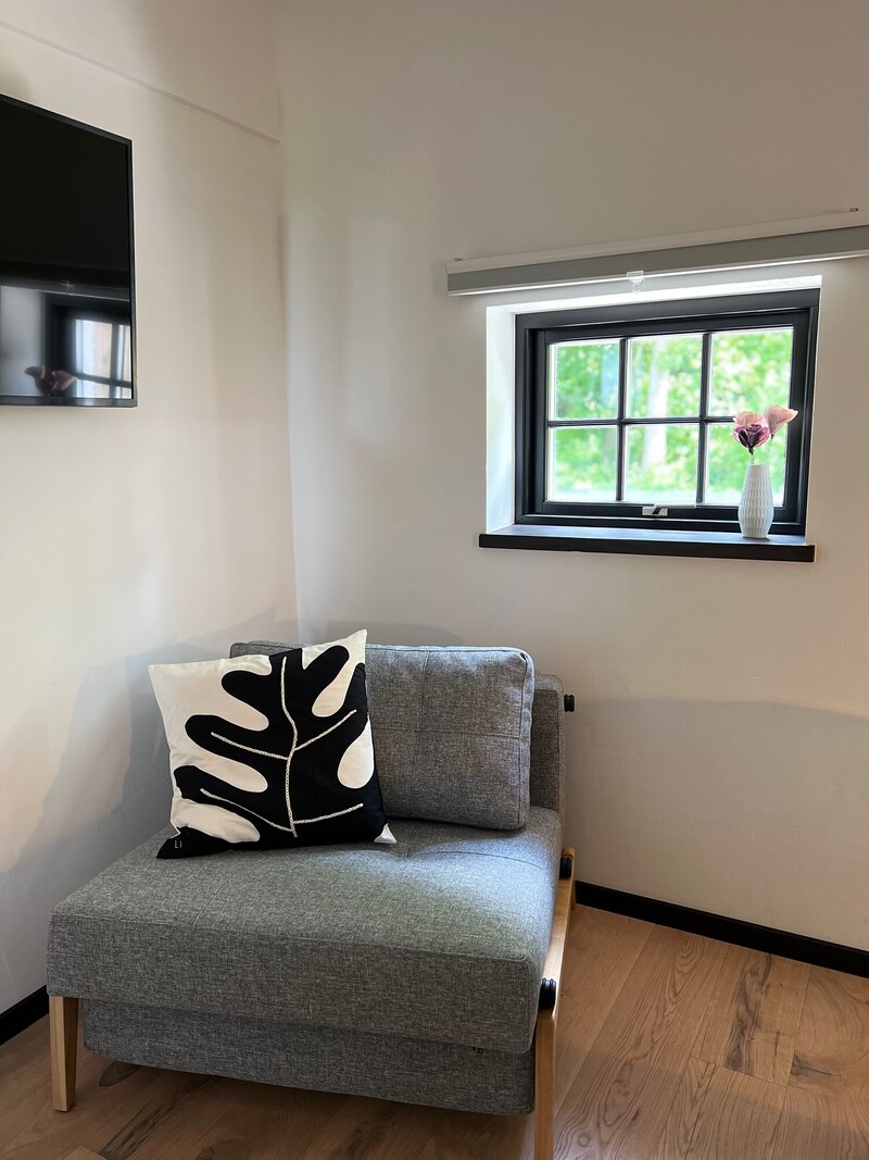 Sitzecke im Haus Scheune mit grauem Sessel, Kissen, Flachbild-TV und Sprossenfenster