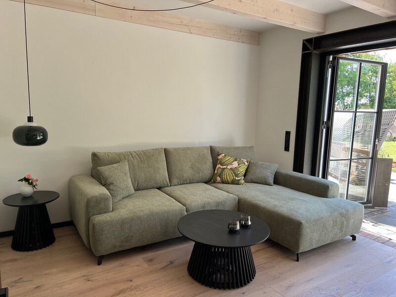 Wohnzimmer im Haus Scheune mit grünem Ecksofa, schwarzen Beistelltischen, Holzbalken und Fenstertür zur Terrasse