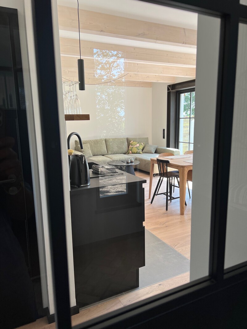 Blick ins Haus Scheune mit schwarzer Küchenzeile, grünem Sofa, Esstisch und Holzbalken durch Fenstertür